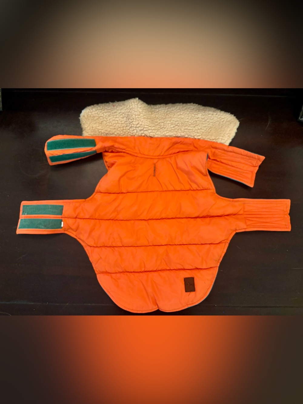 Cole Haan reversible Orange/Green Dog Coat with Sherpa collar Lining